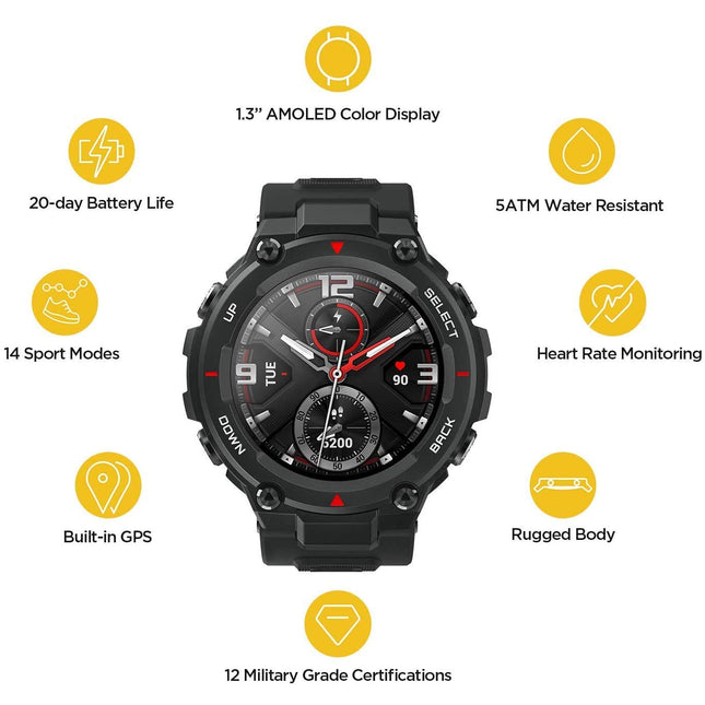 Amazfit Huami T Rex | 20 Days Battery Life, 1.3 inch AMOLED Display, Built-in GPS, 12 Military Certifications, Water Resistance, 14 Sports Modes - Unboxify