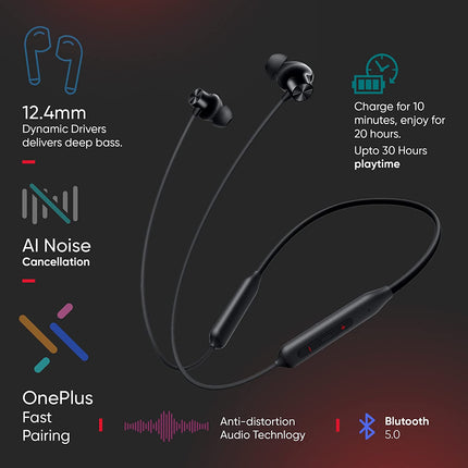 OnePlus Bullets Z2 Bluetooth Wireless in Ear Earphones with Mic, Bombastic Bass - 12.4 Mm Drivers, 10 Mins Charge - 20 Hrs Music, 30 Hrs Battery Life (UNBOXED) - Unboxify