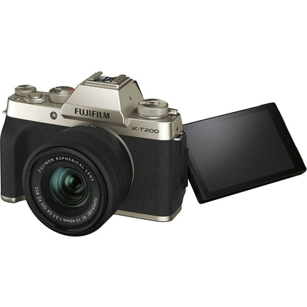 Fujifilm X-T200 24.2 MP Mirrorless Camera with XC 15-45 mm Lens (APS-C Sensor, Electronic Viewfinder, Vari-Angle LCD Touchscreen, Face/Eye AF, 4K Video Vlogging, Film Simulations) - Champagne Gold - Grabgear.in