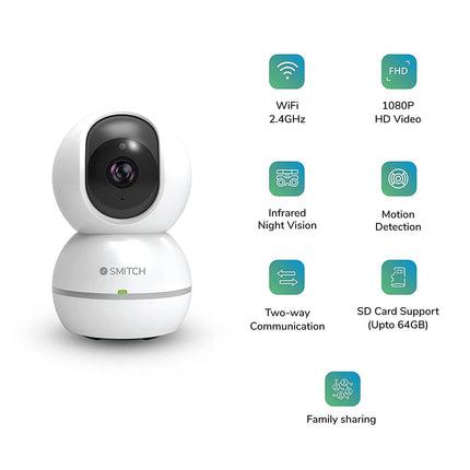 Smitch Wi-Fi Smart Security Camera| Pan & Tilt | Alexa & Google Enabled | 1080P | 2-Way Communication | Motion Detection | Upto 8M Night Vision | Upto 64 GB SD Card Support | Cloud Storage - Grabgear.in