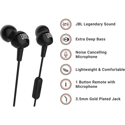 JBL C100SI In-Ear Deep Bass Headphones with Mic - Grabgear.in