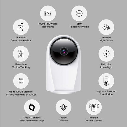 (UNBOXED) realme 360 Deg 1080p Full HD WiFi Smart Security Camera (White) | Alexa Enabled | 2-Way Audio | Night Vision | Motion Tracking & Intruder Alert, 7.1cm x 6.58cm x 11.43cm (RMH2001) - Grabgear.in