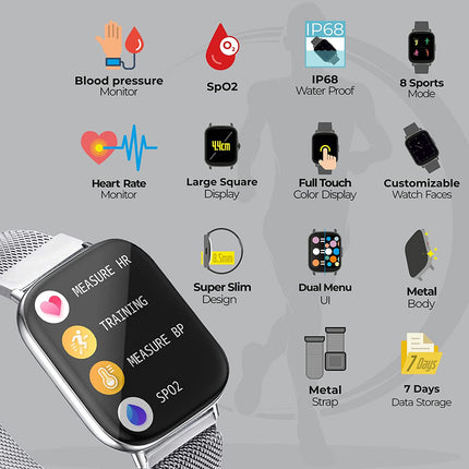 (UNBOXED) Zebronics Zeb-FIT5220CH Limited Edition Smart Fitness Watch,2.5D Curved Glass 4.4cm Square Display, Metal Body & Strap, SpO2/BP/HR Monitor, IP68 Water Proof, 8 Sports Mode - Unboxify