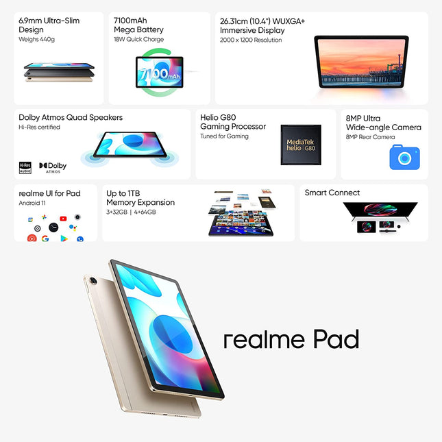 realme Pad Tablet | 26.4cm (10.4 inch) WUXGA+ Display | 7100 mAh Battery (UNBOXED) - Unboxify