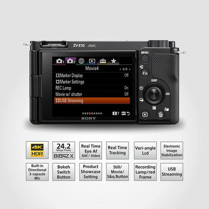 Sony Alpha ZV-E10L 24.2 Mega Pixel Interchangeable-Lens Mirrorless vlog Camera with 16-50 mm Lens, Made for Creators (APS-C Sensor, Advanced Autofocus, Clear Audio, 4K Movie Recording) - Black, Compact - Unboxify
