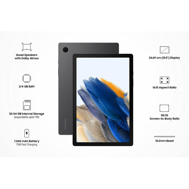 Samsung Galaxy Tab A8 10.5 inches (26cm) Display, RAM 3 GB, ROM 32 GB Expandable, Wi-Fi+LTE Tablet, Silver, (SM-X205NZSAINU) - Unboxify