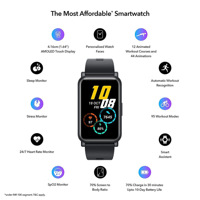 Honor Watch ES (Black, 4.16cm (1.64") AMOLED Touch Display) 95 Workout Modes, Automatic Workout Recognition, 12 Animated Workout Courses, Fast Charge, SpO2, Stress, Sleep Monitor, Watch Face Store - Grabgear.in
